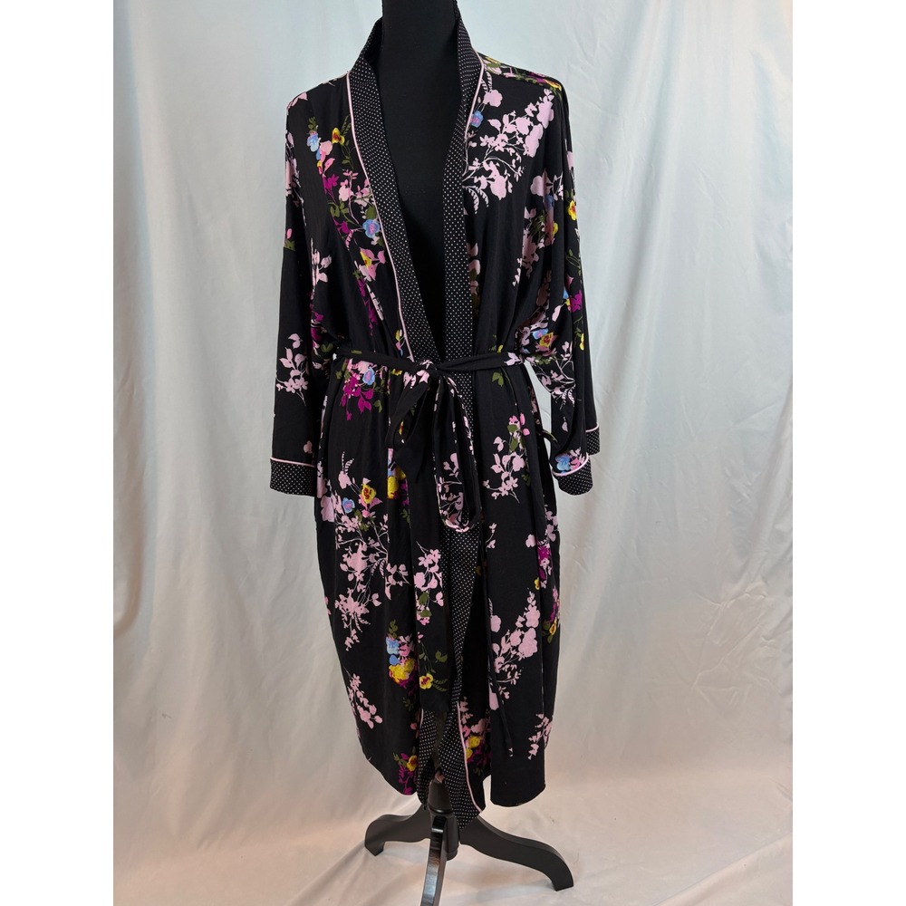Joyspun Womens 3X Floral Polka Dot Trim Long Sleeve Belted Wrap Robe Black Multi